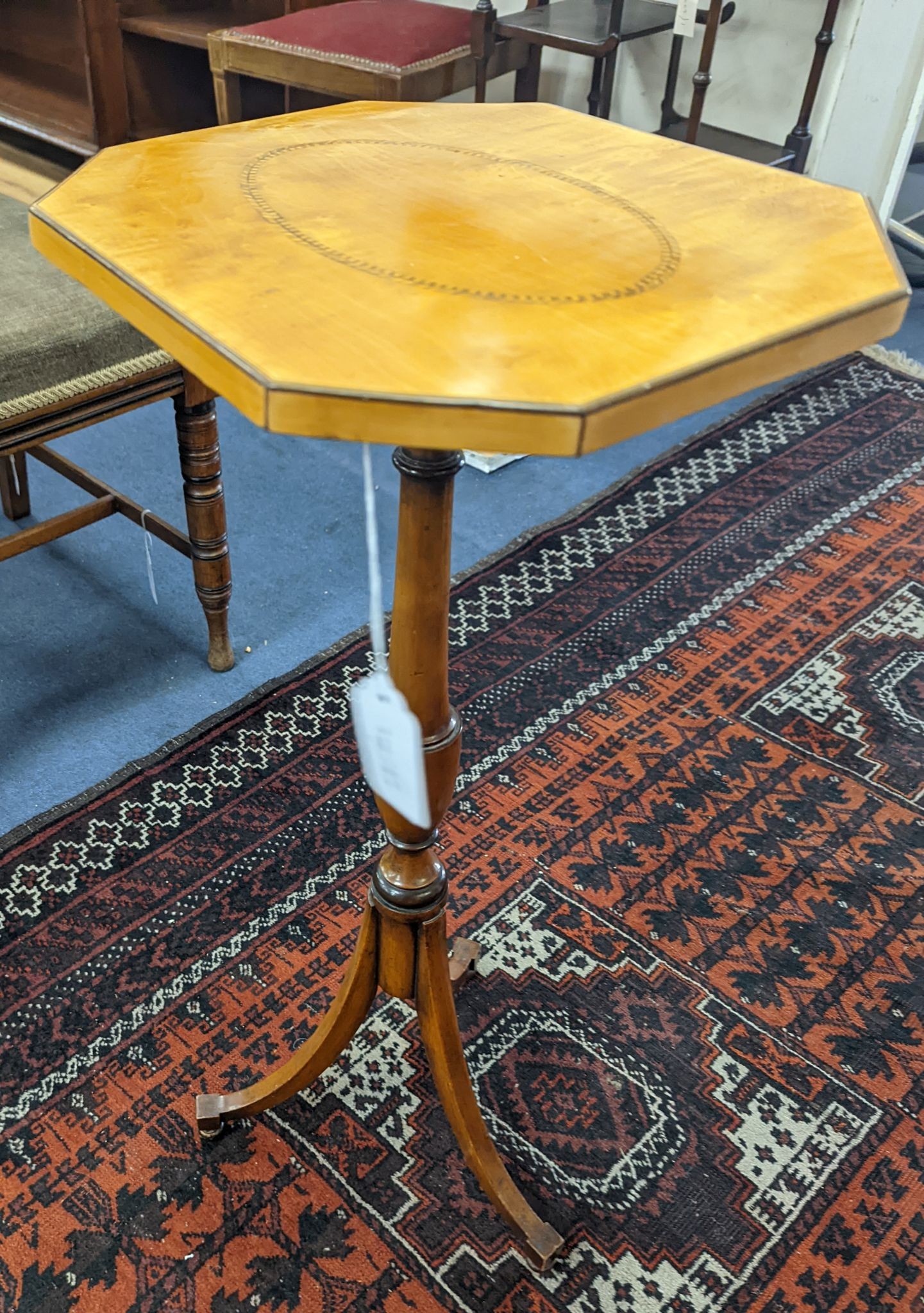 A Sheraton revival satinwood tripod table, with inlaid octagonal top, width 30cm depth 26cm height 68cm